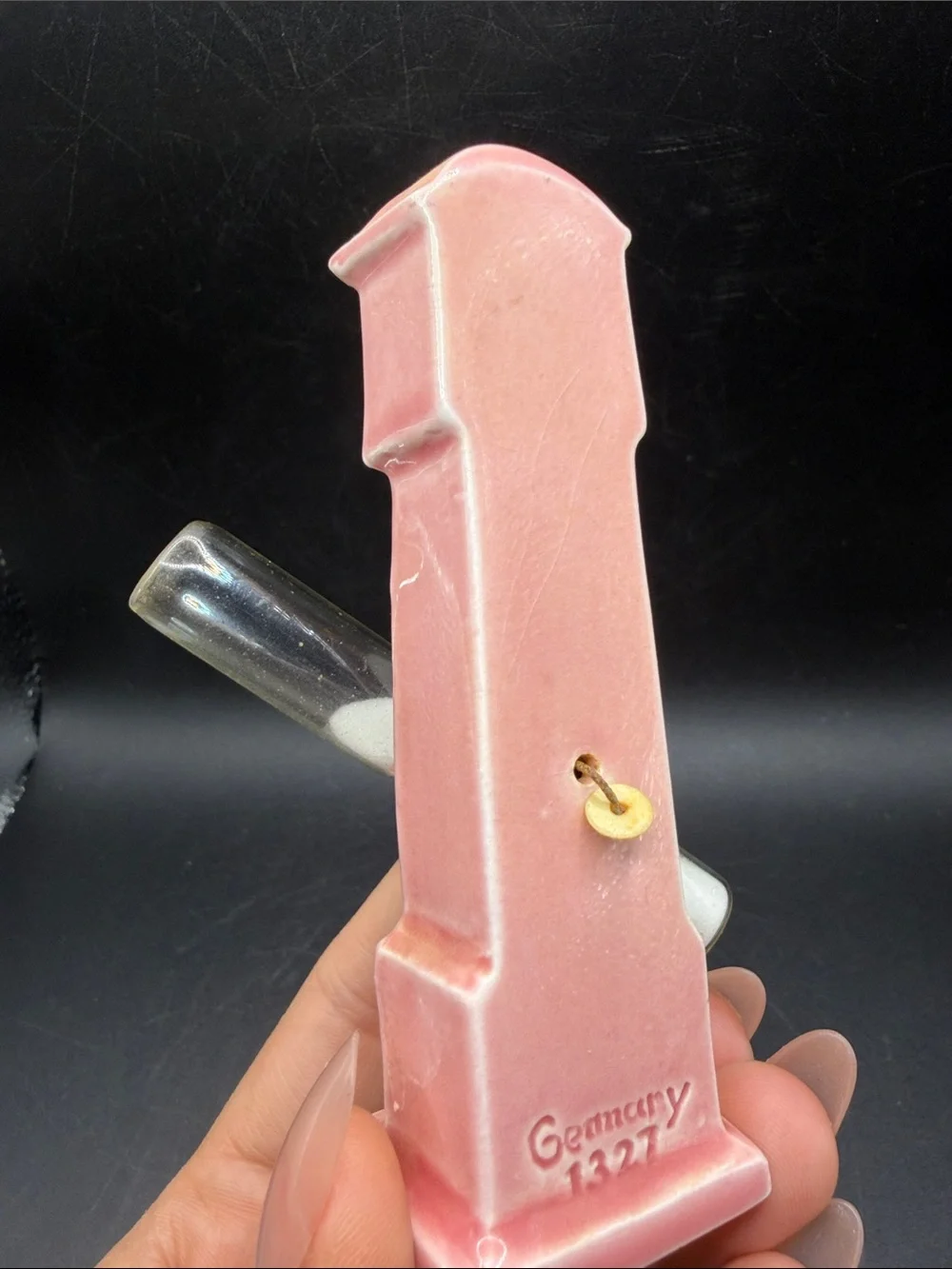Vintage German Pink Grandfather Clock Figure Ceramic Time Keeper Hourglass Decor